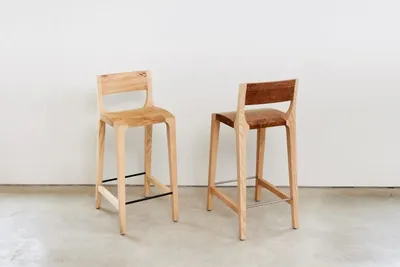 Swallowcliffe Barstool in Pippy oak and oak; ash and oak; elm and oak, with or without back support. Metal foot rests., Matthew Burt