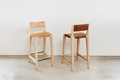 Swallowcliffe Barstool in Pippy oak and oak; ash and oak; elm and oak, with or without back support. Metal foot rests., Matthew Burt