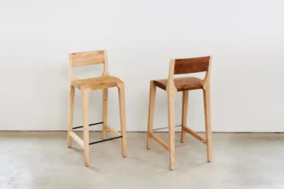 Swallowcliffe Barstool in Pippy oak and oak; ash and oak; elm and oak, with or without back support. Metal foot rests., Matthew Burt
