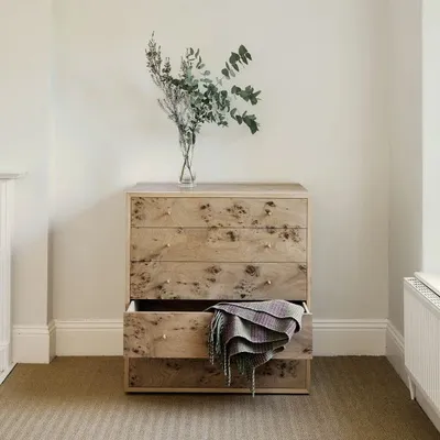 Up-and-over Chest Of Drawers (five Drawer) in Wych elm, poppy elm, oak, ash & boxwood, Matthew Burt