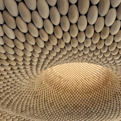 Pebble Ceiling, suspended oak installation